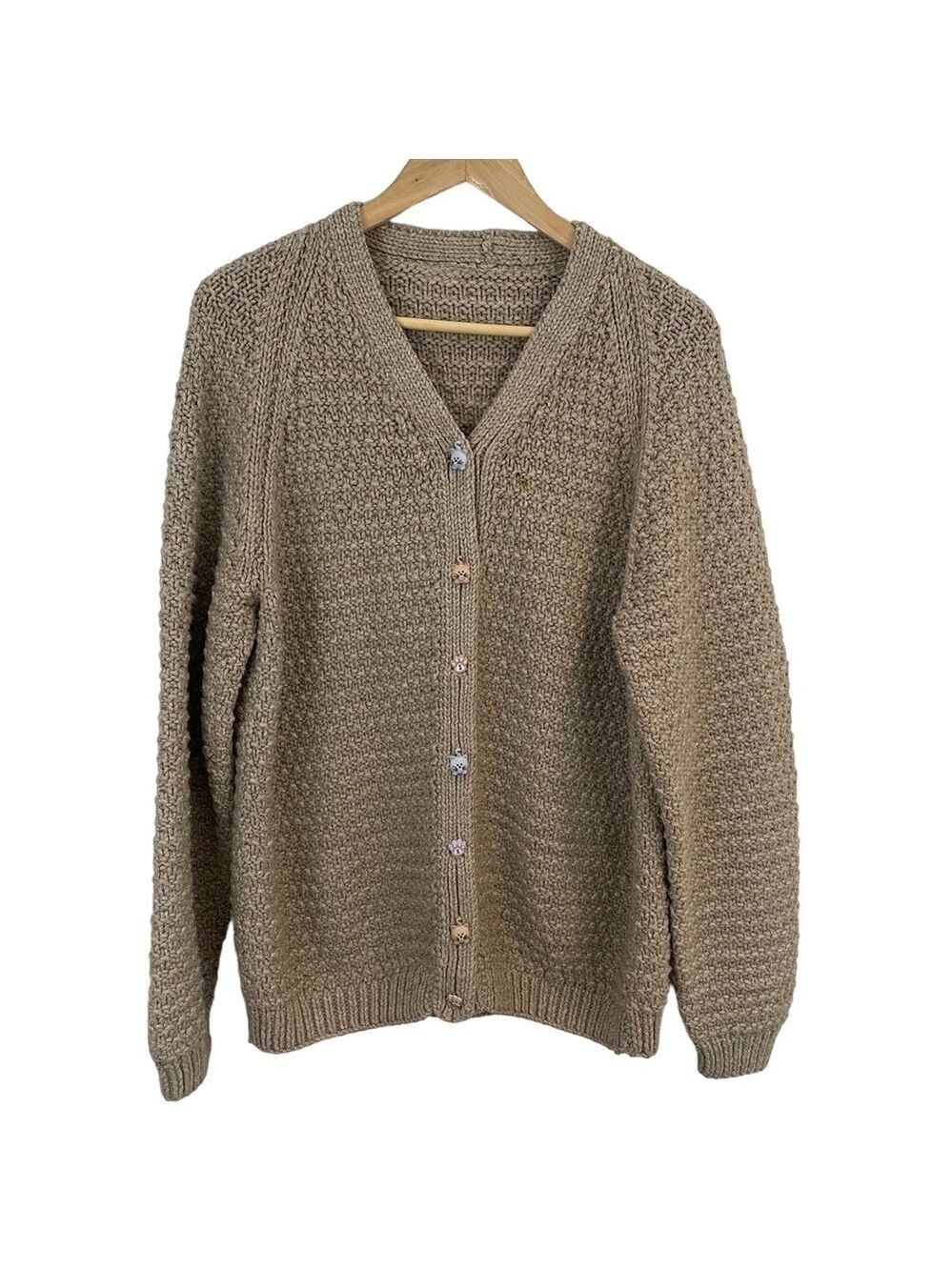 Handmade Chunky Knit Button Front Grandma Cardigan Sz S/M Beige Cat Lady Sweater